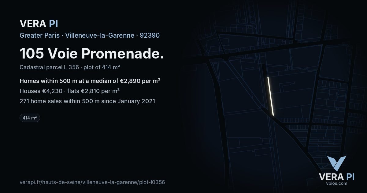 105 Voie Promenade, Villeneuve-la-Garenne at night – the plot lit, the parcels around coloured by the prices near them