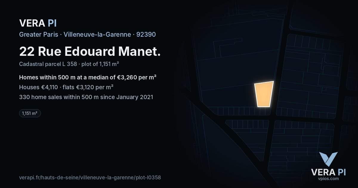 22 Rue Edouard Manet, Villeneuve-la-Garenne at night – the plot lit, the parcels around coloured by the prices near them