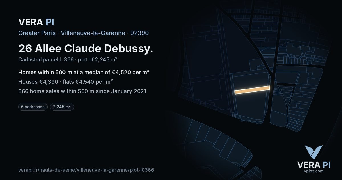 26 Allee Claude Debussy, Villeneuve-la-Garenne at night – the plot lit, the parcels around coloured by the prices near them