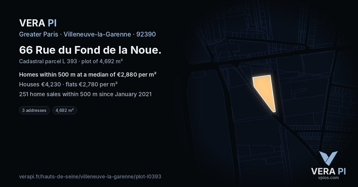 66 Rue du Fond de la Noue, Villeneuve-la-Garenne at night – the plot lit, the parcels around coloured by the prices near them