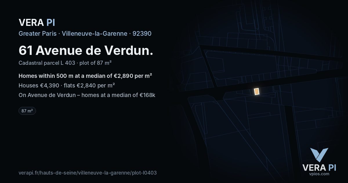 61 Avenue de Verdun, Villeneuve-la-Garenne at night – the plot lit, the parcels around coloured by the prices near them