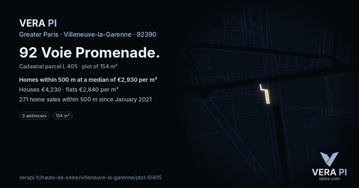 92 Voie Promenade, Villeneuve-la-Garenne at night – the plot lit, the parcels around coloured by the prices near them