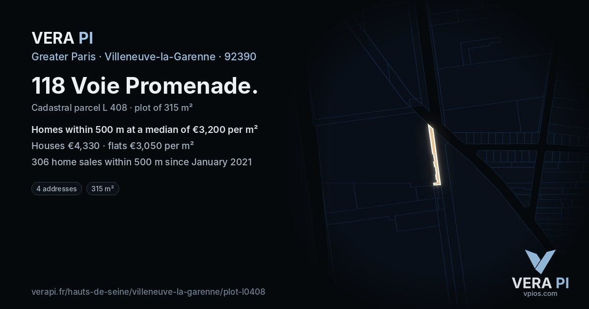 118 Voie Promenade, Villeneuve-la-Garenne at night – the plot lit, the parcels around coloured by the prices near them