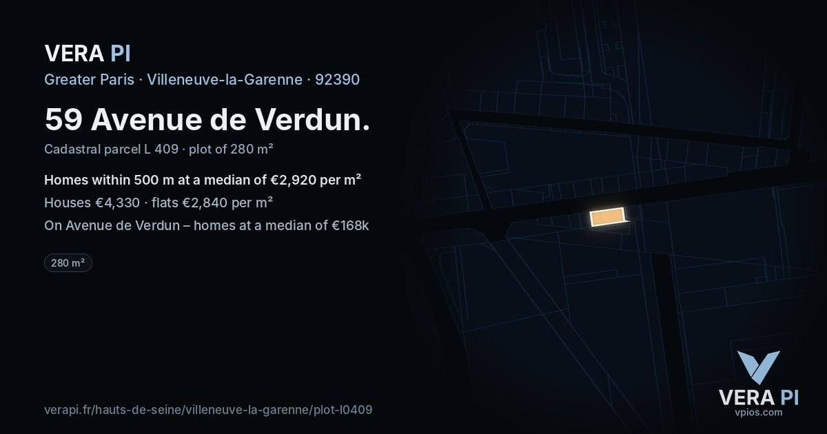 59 Avenue de Verdun, Villeneuve-la-Garenne at night – the plot lit, the parcels around coloured by the prices near them