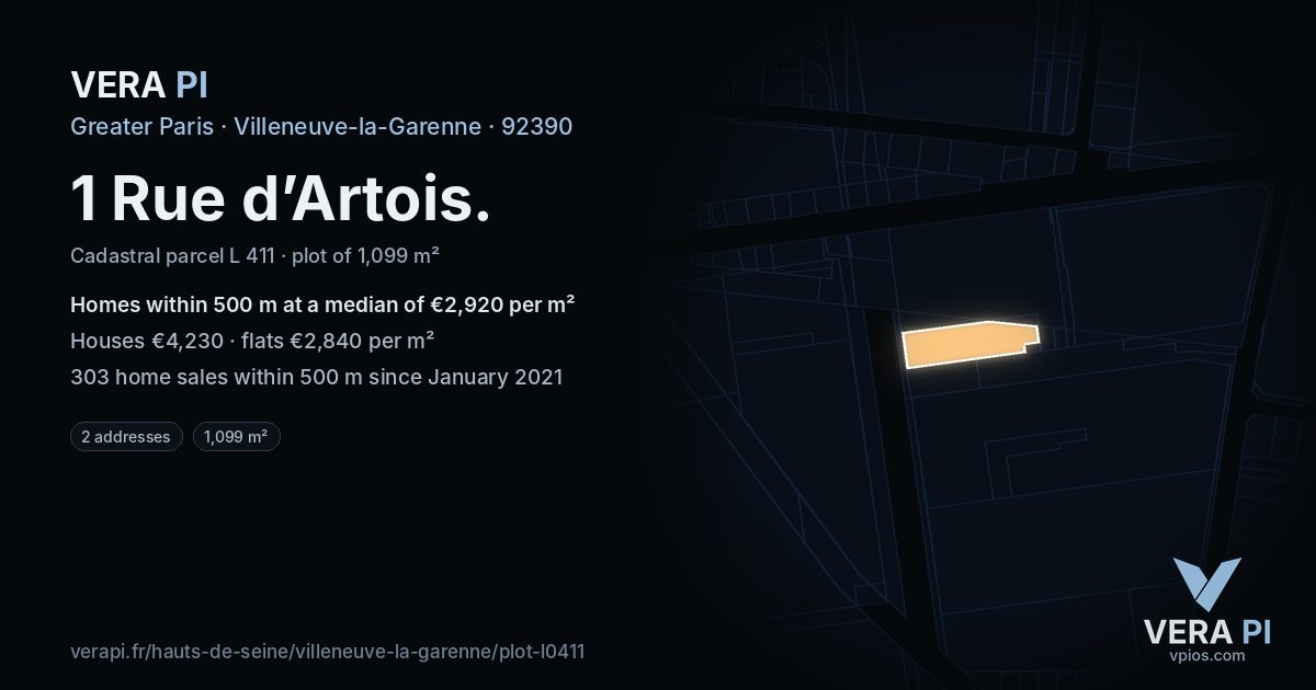 1 Rue d’Artois, Villeneuve-la-Garenne at night – the plot lit, the parcels around coloured by the prices near them