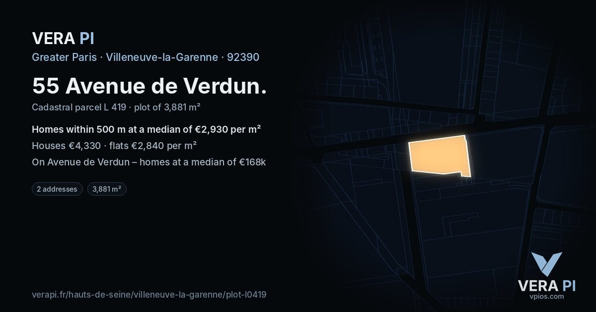 55 Avenue de Verdun, Villeneuve-la-Garenne at night – the plot lit, the parcels around coloured by the prices near them