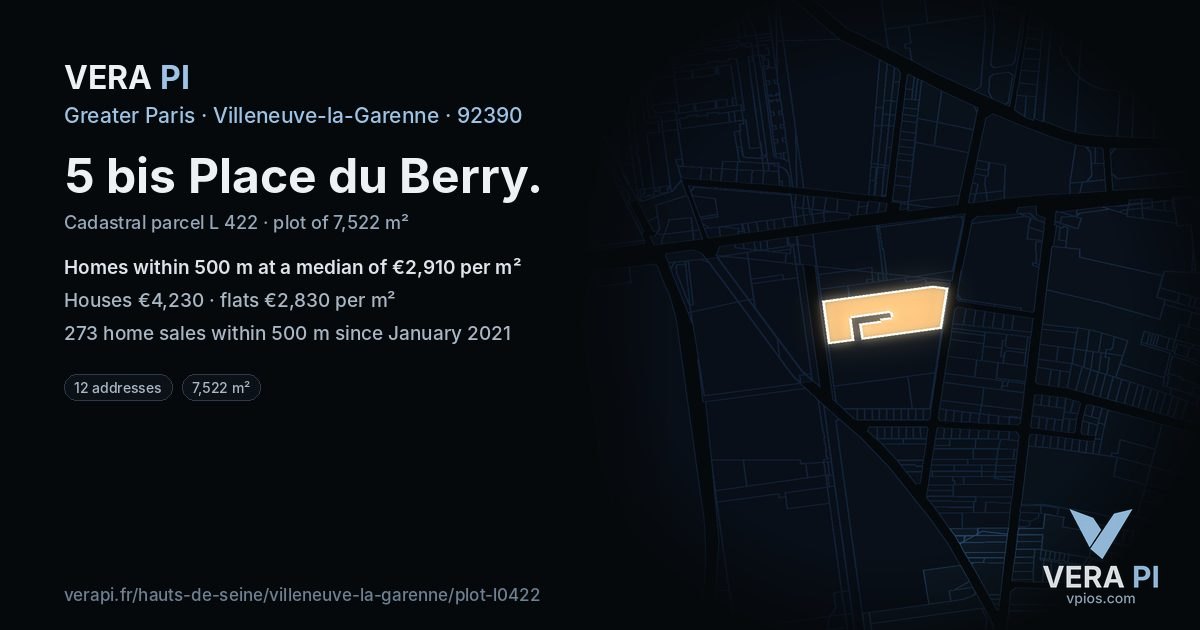 5 bis Place du Berry, Villeneuve-la-Garenne at night – the plot lit, the parcels around coloured by the prices near them