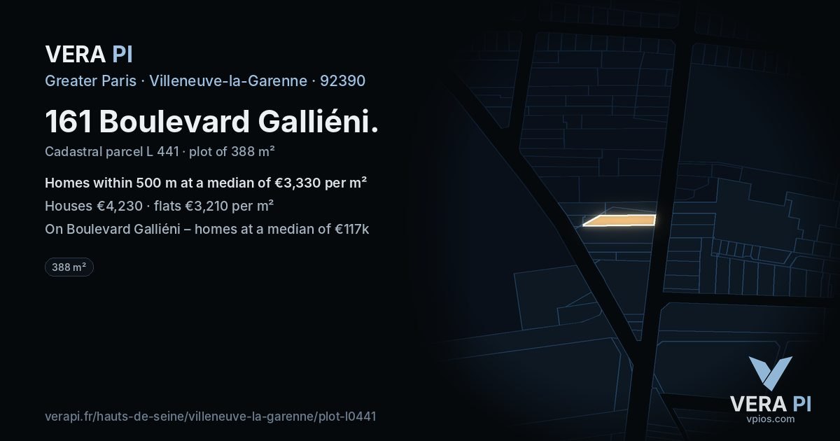 161 Boulevard Galliéni, Villeneuve-la-Garenne at night – the plot lit, the parcels around coloured by the prices near them