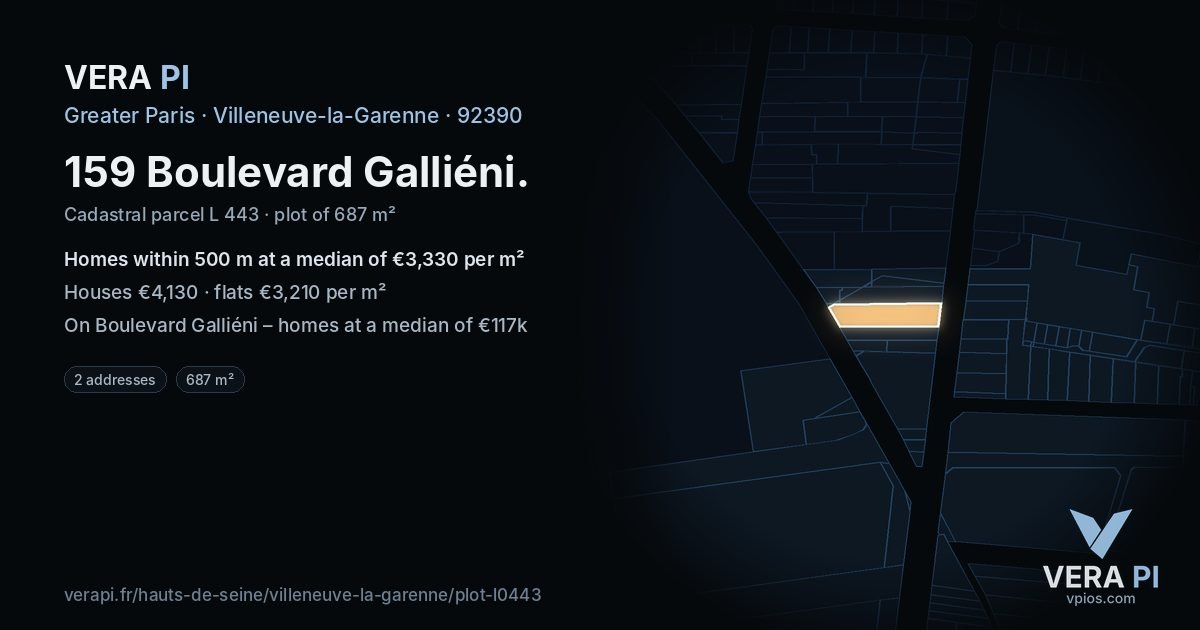 159 Boulevard Galliéni, Villeneuve-la-Garenne at night – the plot lit, the parcels around coloured by the prices near them