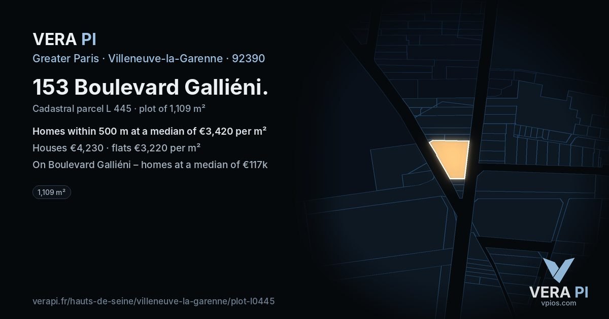 153 Boulevard Galliéni, Villeneuve-la-Garenne at night – the plot lit, the parcels around coloured by the prices near them