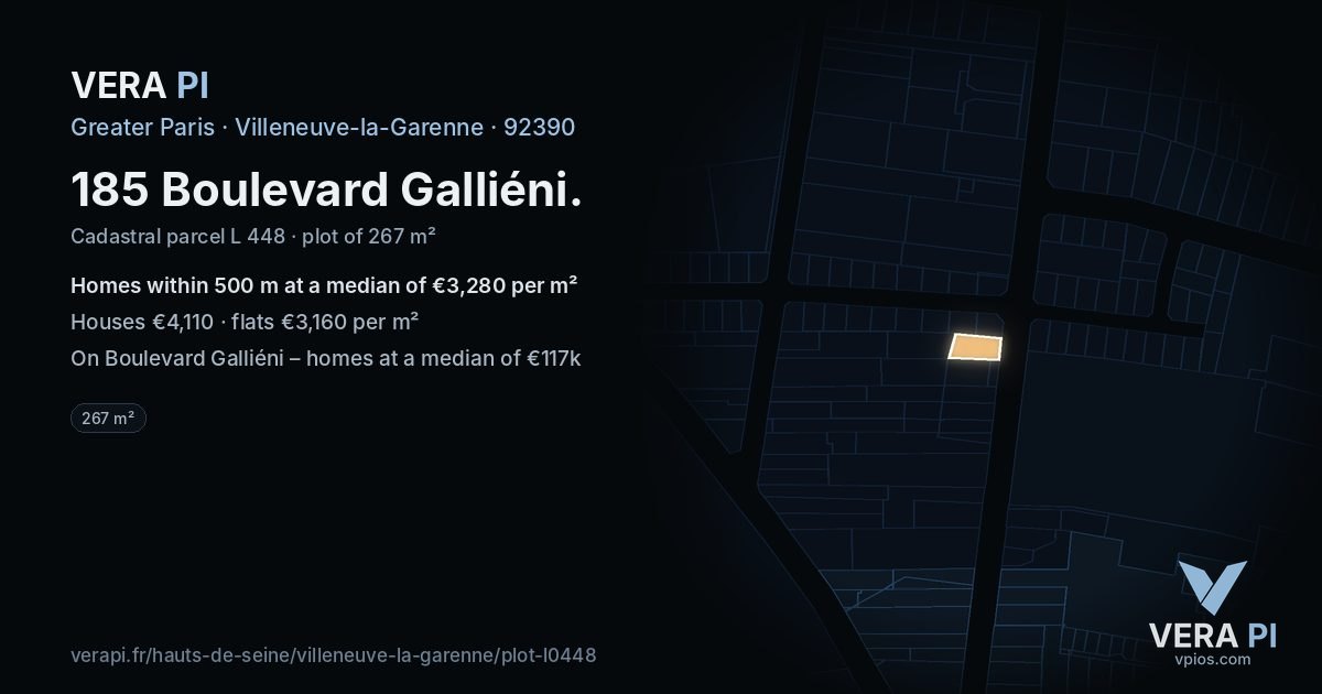 185 Boulevard Galliéni, Villeneuve-la-Garenne at night – the plot lit, the parcels around coloured by the prices near them