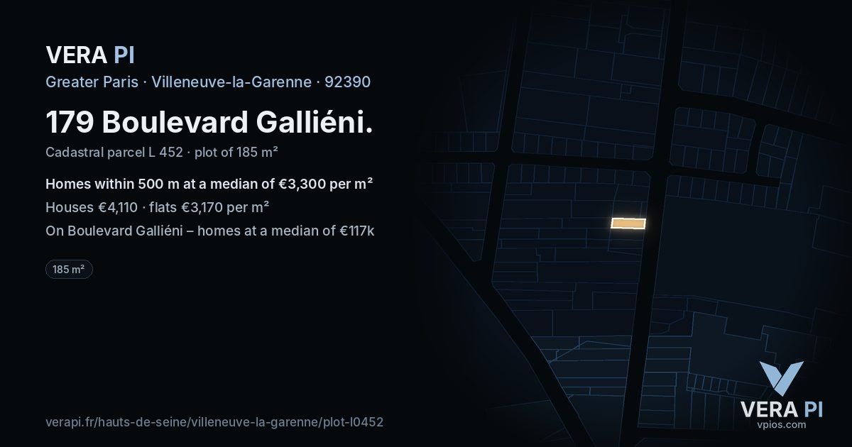 179 Boulevard Galliéni, Villeneuve-la-Garenne at night – the plot lit, the parcels around coloured by the prices near them