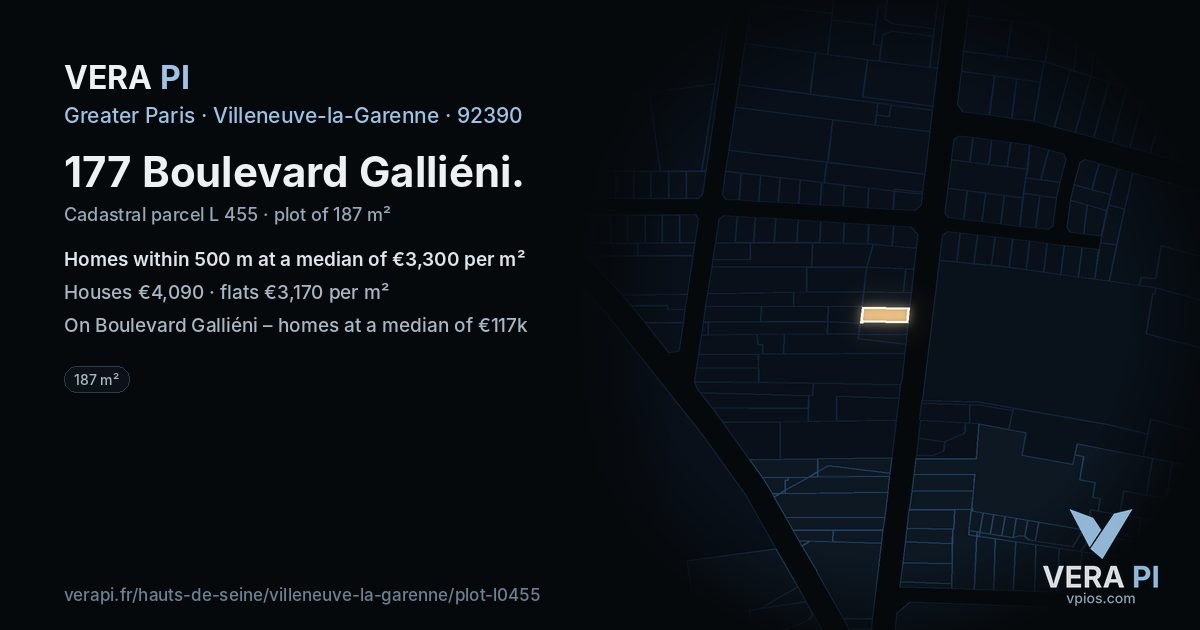 177 Boulevard Galliéni, Villeneuve-la-Garenne at night – the plot lit, the parcels around coloured by the prices near them