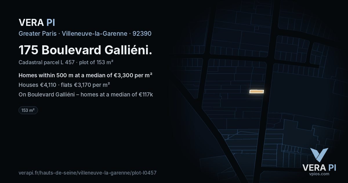175 Boulevard Galliéni, Villeneuve-la-Garenne at night – the plot lit, the parcels around coloured by the prices near them