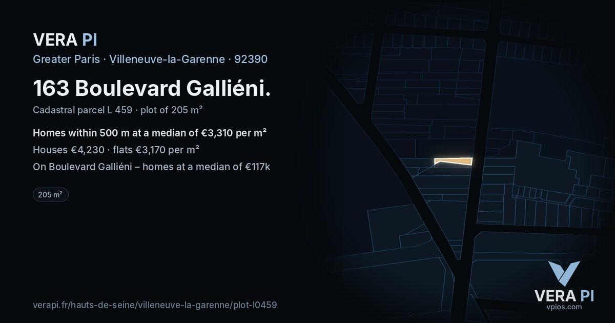 163 Boulevard Galliéni, Villeneuve-la-Garenne at night – the plot lit, the parcels around coloured by the prices near them