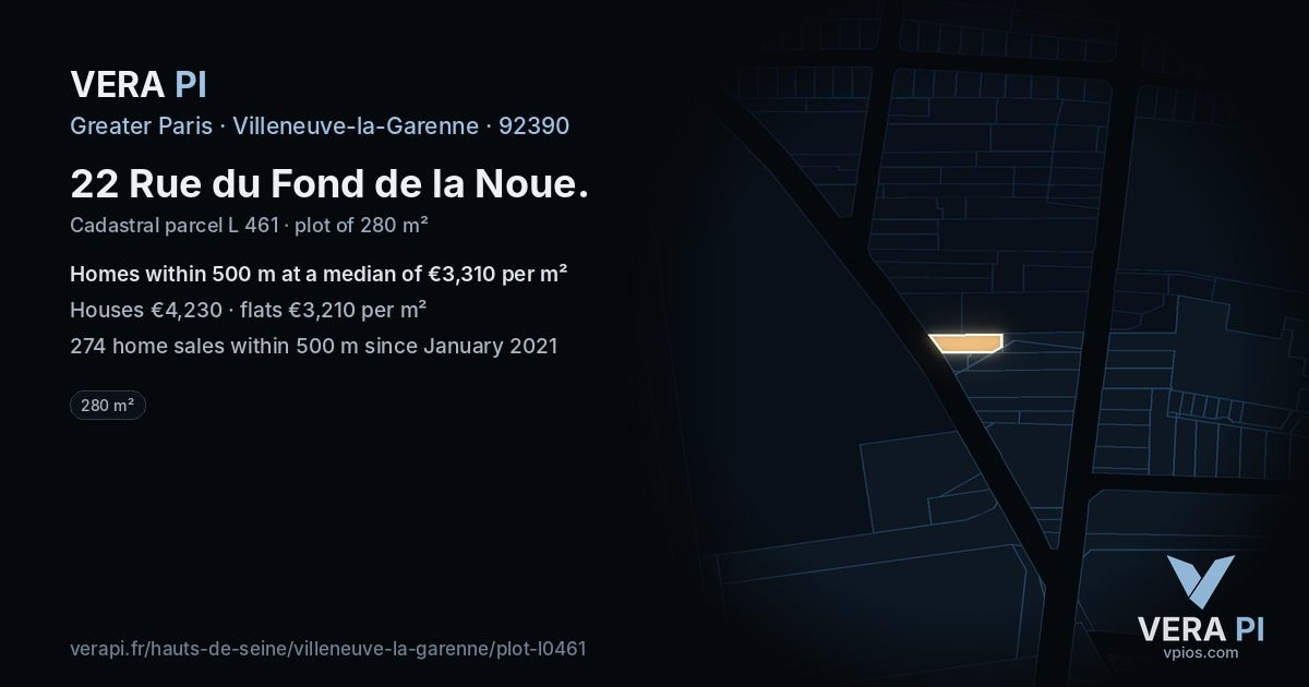 22 Rue du Fond de la Noue, Villeneuve-la-Garenne at night – the plot lit, the parcels around coloured by the prices near them