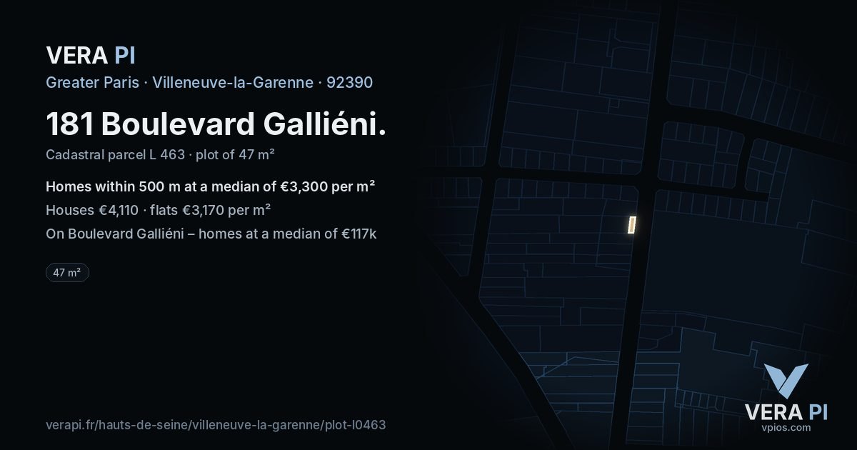 181 Boulevard Galliéni, Villeneuve-la-Garenne at night – the plot lit, the parcels around coloured by the prices near them