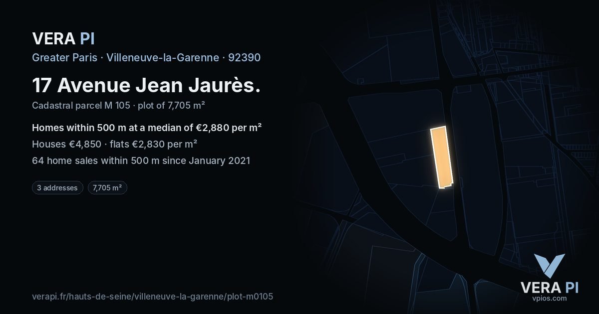 17 Avenue Jean Jaurès, Villeneuve-la-Garenne at night – the plot lit, the parcels around coloured by the prices near them
