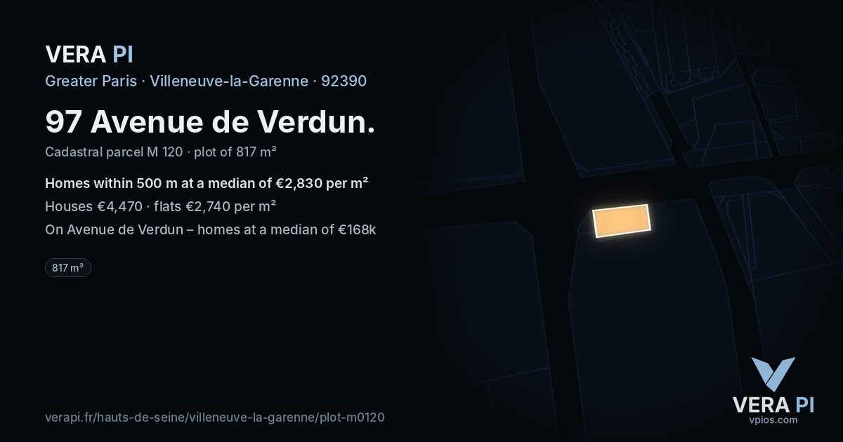 97 Avenue de Verdun, Villeneuve-la-Garenne at night – the plot lit, the parcels around coloured by the prices near them