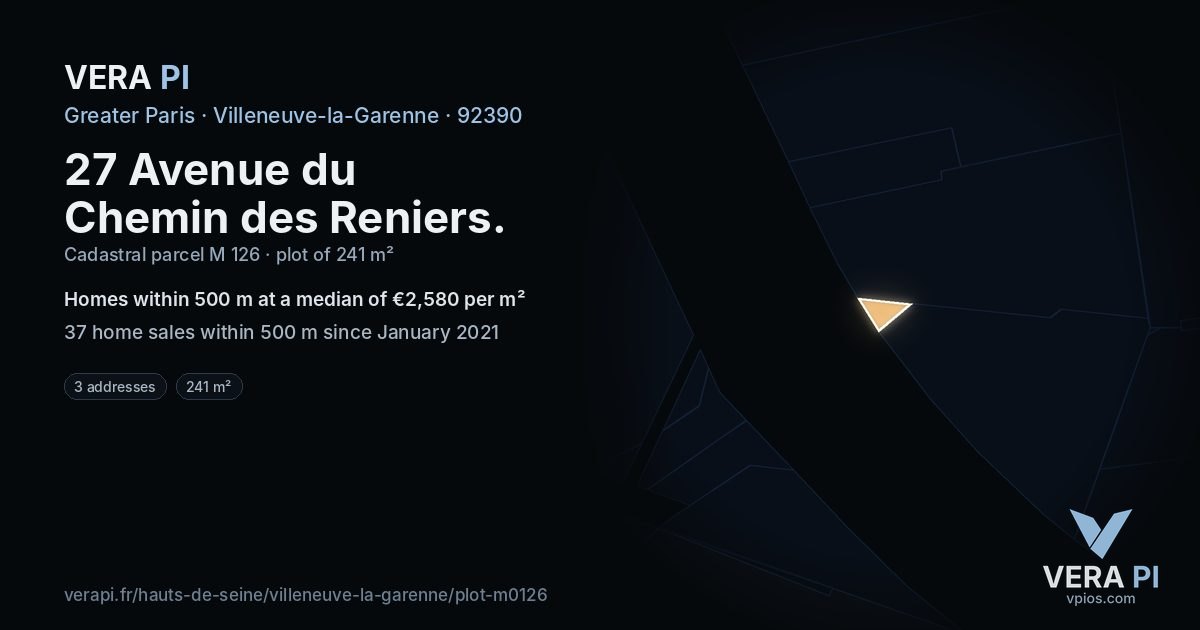 27 Avenue du Chemin des Reniers, Villeneuve-la-Garenne at night – the plot lit, the parcels around coloured by the prices near them