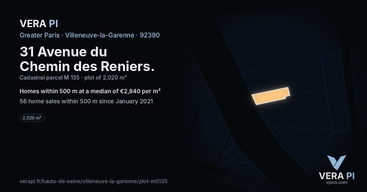 31 Avenue du Chemin des Reniers, Villeneuve-la-Garenne at night – the plot lit, the parcels around coloured by the prices near them