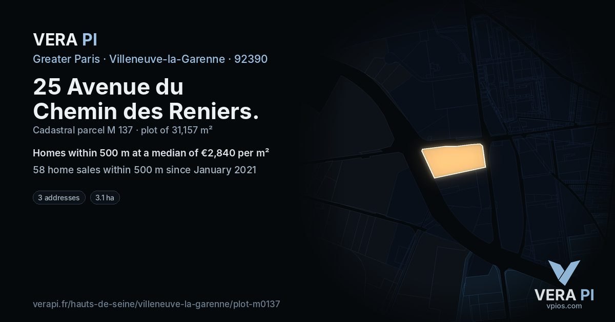 25 Avenue du Chemin des Reniers, Villeneuve-la-Garenne at night – the plot lit, the parcels around coloured by the prices near them