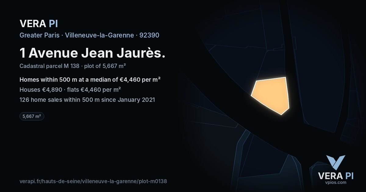 1 Avenue Jean Jaurès, Villeneuve-la-Garenne at night – the plot lit, the parcels around coloured by the prices near them
