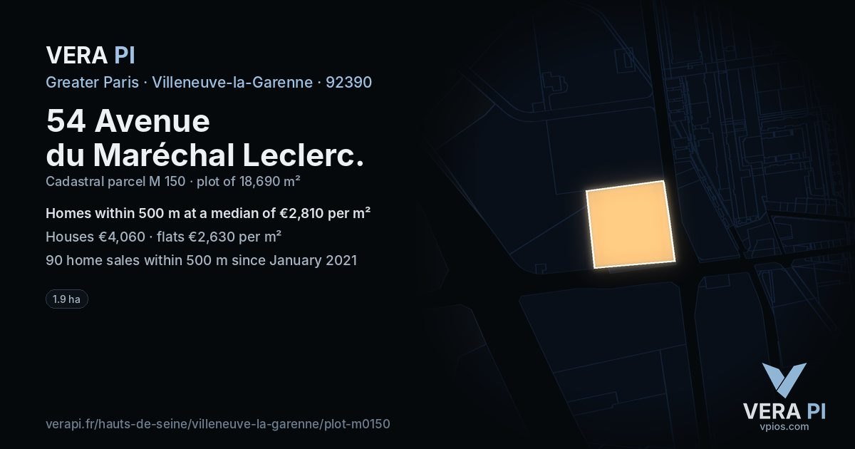54 Avenue du Maréchal Leclerc, Villeneuve-la-Garenne at night – the plot lit, the parcels around coloured by the prices near them