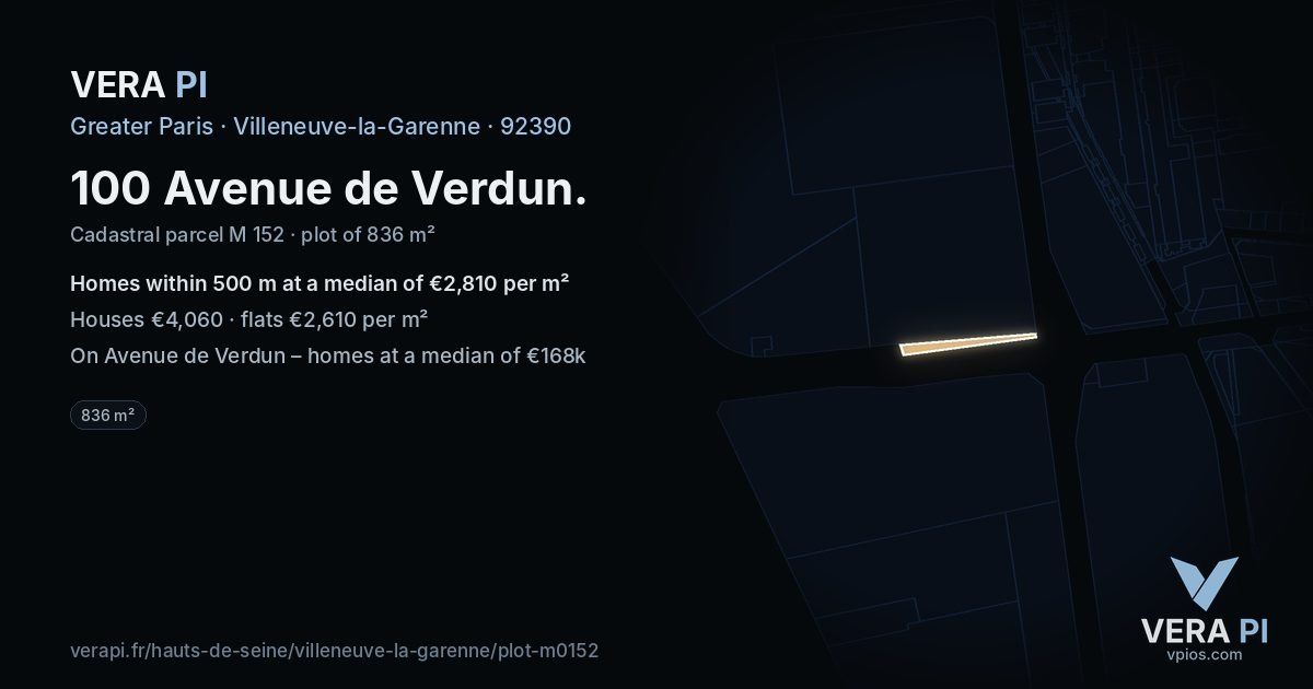 100 Avenue de Verdun, Villeneuve-la-Garenne at night – the plot lit, the parcels around coloured by the prices near them
