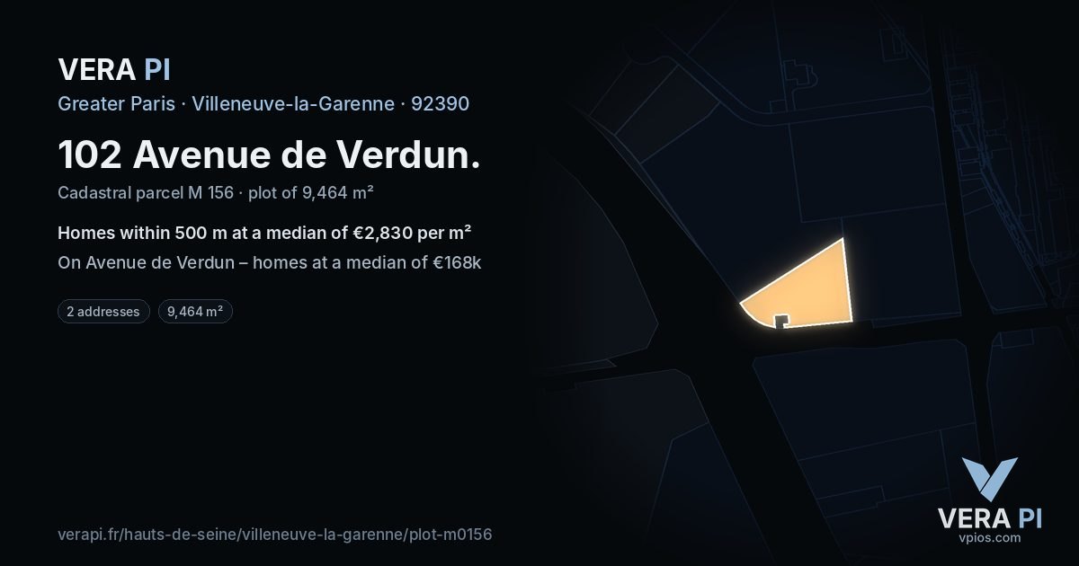 102 Avenue de Verdun, Villeneuve-la-Garenne at night – the plot lit, the parcels around coloured by the prices near them