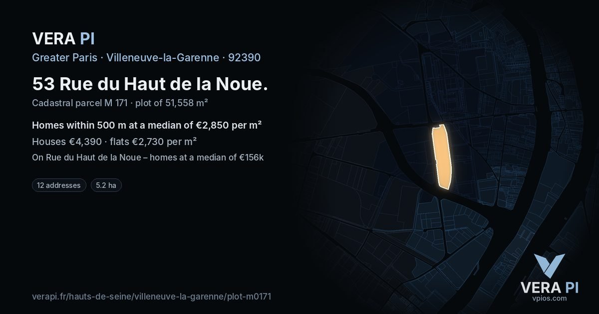 53 Rue du Haut de la Noue, Villeneuve-la-Garenne at night – the plot lit, the parcels around coloured by the prices near them