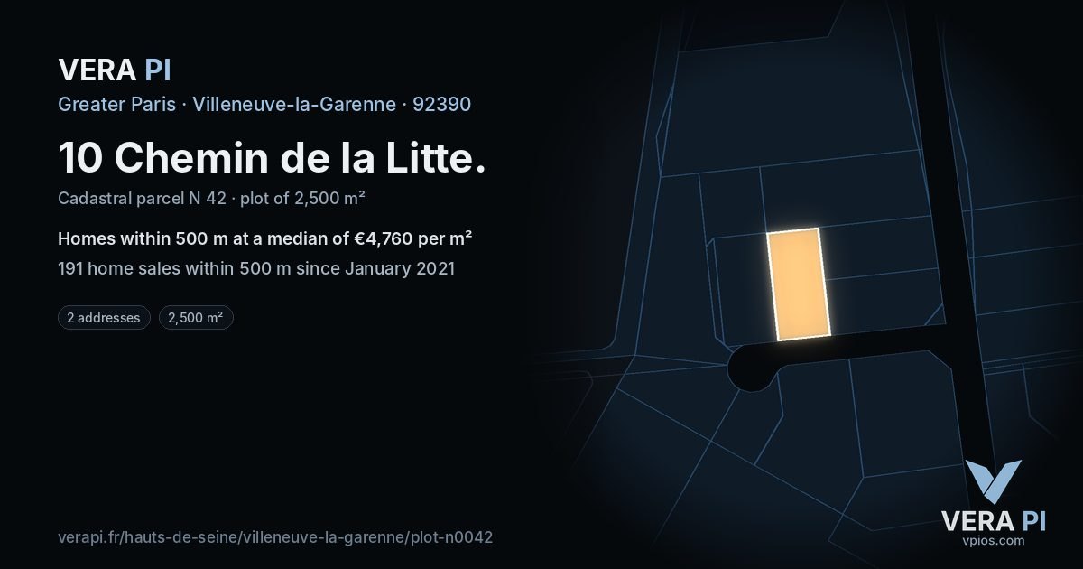 10 Chemin de la Litte, Villeneuve-la-Garenne at night – the plot lit, the parcels around coloured by the prices near them