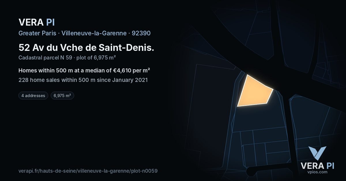 52 Av du Vche de Saint-Denis, Villeneuve-la-Garenne at night – the plot lit, the parcels around coloured by the prices near them