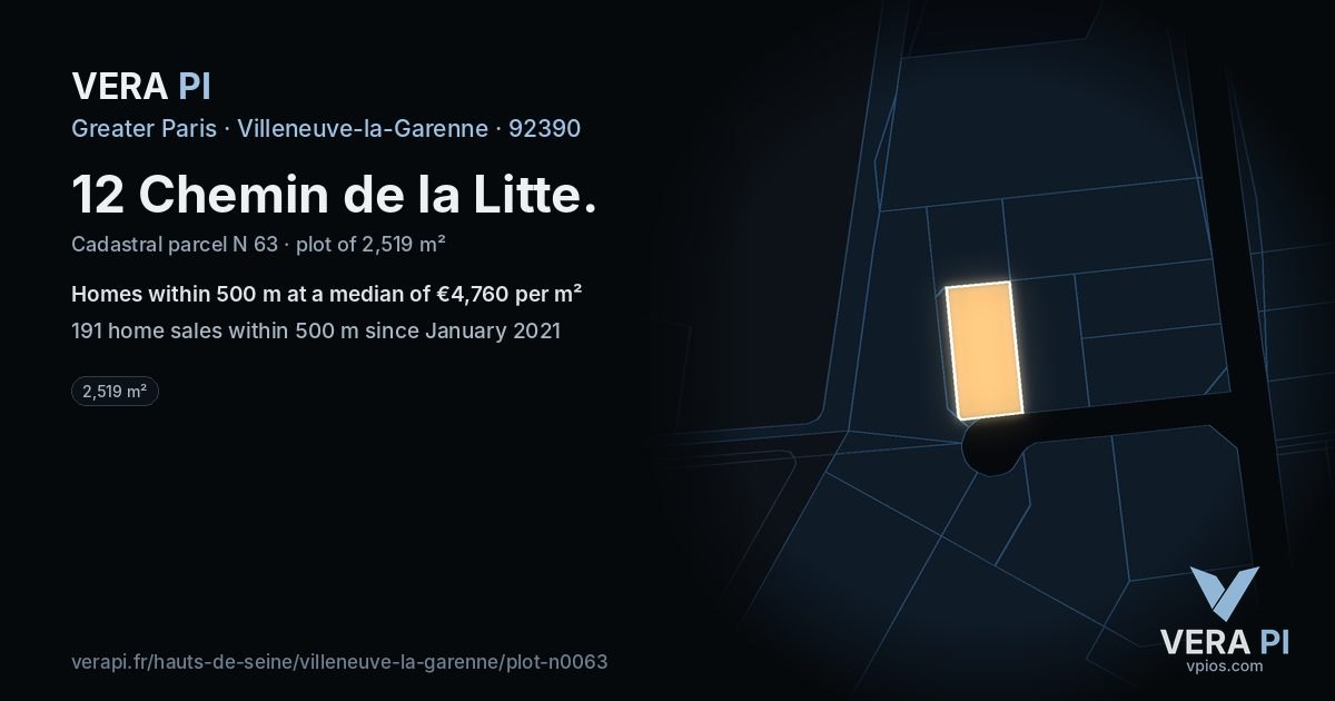 12 Chemin de la Litte, Villeneuve-la-Garenne at night – the plot lit, the parcels around coloured by the prices near them