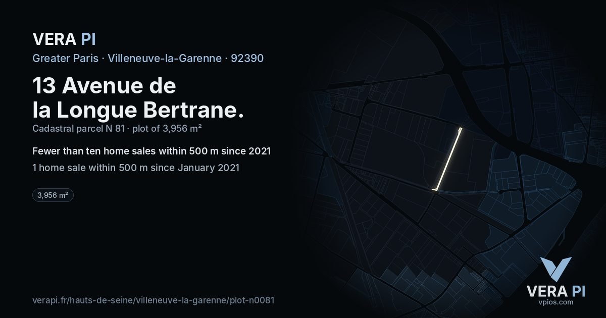 13 Avenue de la Longue Bertrane, Villeneuve-la-Garenne at night – the plot lit, the parcels around coloured by the prices near them