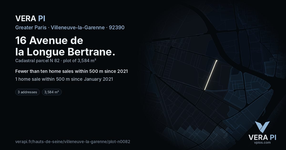 16 Avenue de la Longue Bertrane, Villeneuve-la-Garenne at night – the plot lit, the parcels around coloured by the prices near them