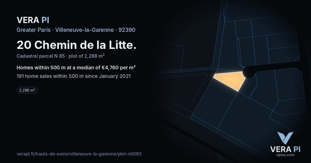 20 Chemin de la Litte, Villeneuve-la-Garenne at night – the plot lit, the parcels around coloured by the prices near them