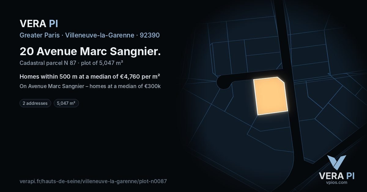 20 Avenue Marc Sangnier, Villeneuve-la-Garenne at night – the plot lit, the parcels around coloured by the prices near them