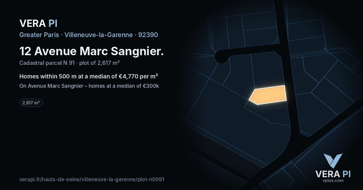 12 Avenue Marc Sangnier, Villeneuve-la-Garenne at night – the plot lit, the parcels around coloured by the prices near them