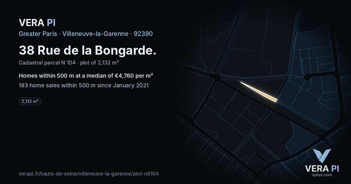 38 Rue de la Bongarde, Villeneuve-la-Garenne at night – the plot lit, the parcels around coloured by the prices near them