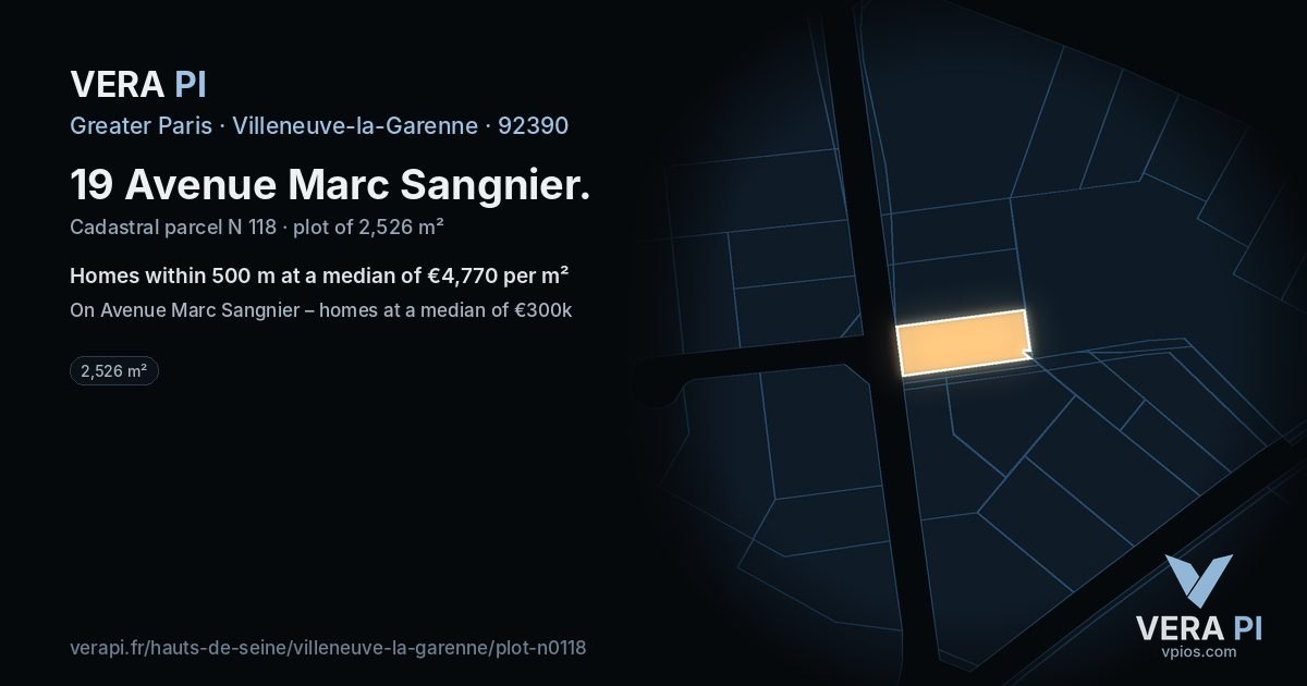 19 Avenue Marc Sangnier, Villeneuve-la-Garenne at night – the plot lit, the parcels around coloured by the prices near them
