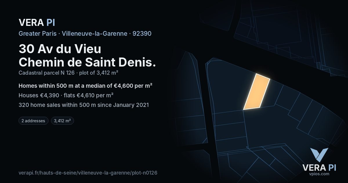 30 Av du Vieu Chemin de Saint Denis, Villeneuve-la-Garenne at night – the plot lit, the parcels around coloured by the prices near them