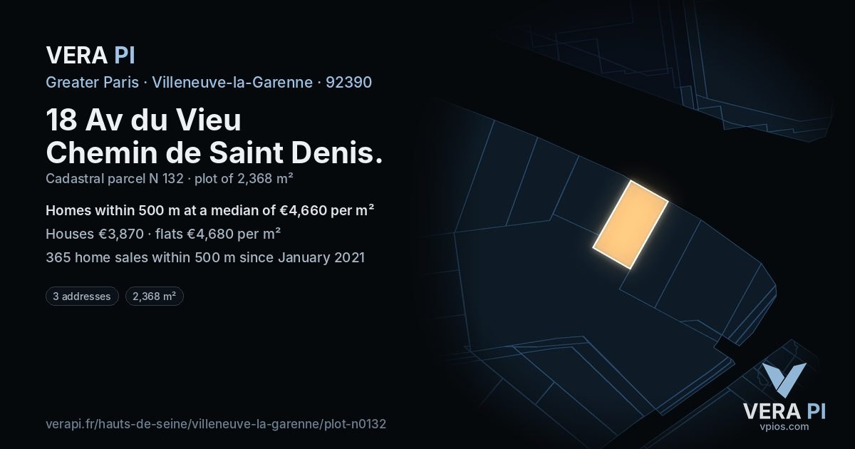 18 Av du Vieu Chemin de Saint Denis, Villeneuve-la-Garenne at night – the plot lit, the parcels around coloured by the prices near them