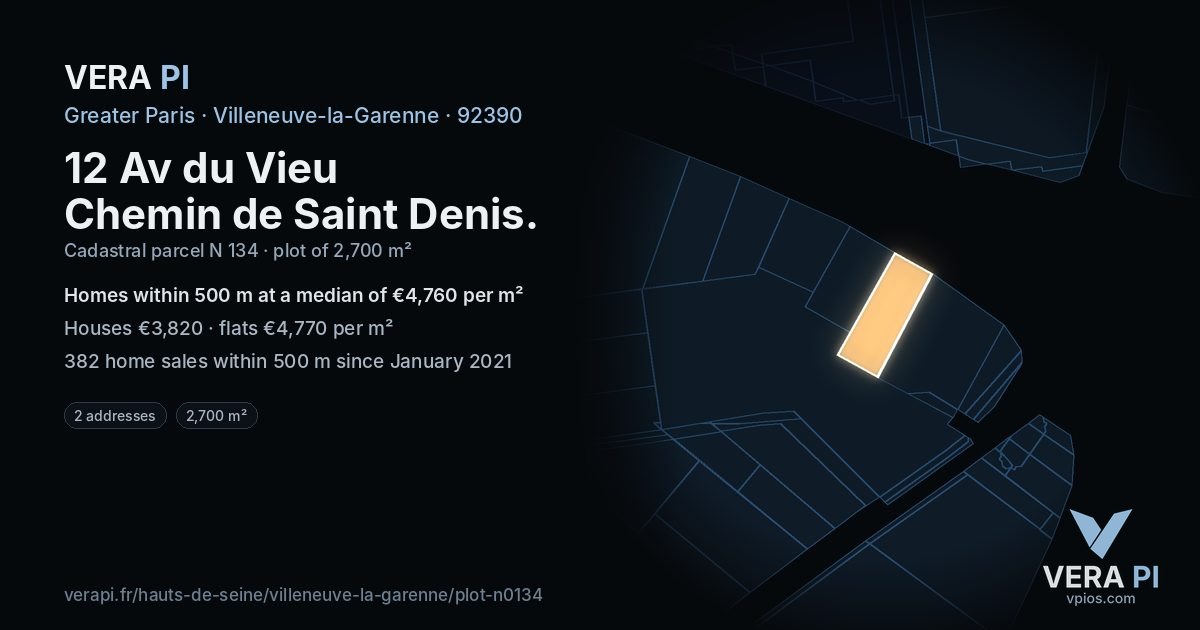 12 Av du Vieu Chemin de Saint Denis, Villeneuve-la-Garenne at night – the plot lit, the parcels around coloured by the prices near them