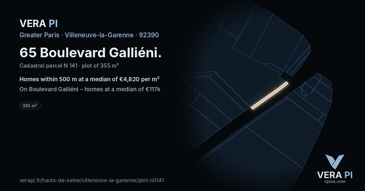 65 Boulevard Galliéni, Villeneuve-la-Garenne at night – the plot lit, the parcels around coloured by the prices near them