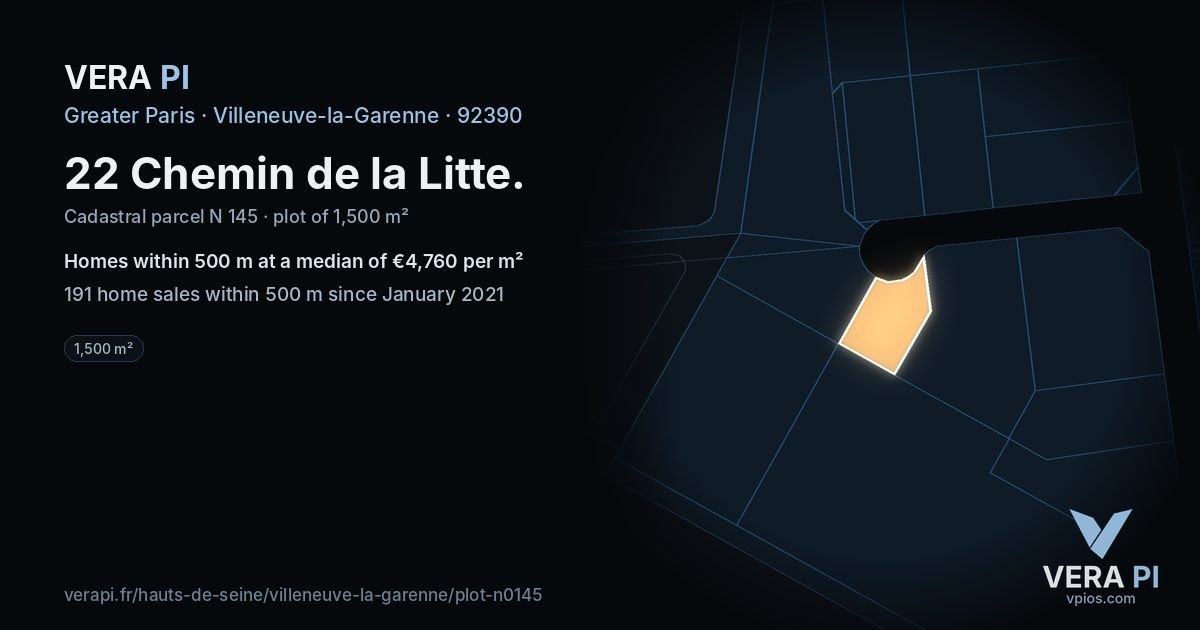 22 Chemin de la Litte, Villeneuve-la-Garenne at night – the plot lit, the parcels around coloured by the prices near them