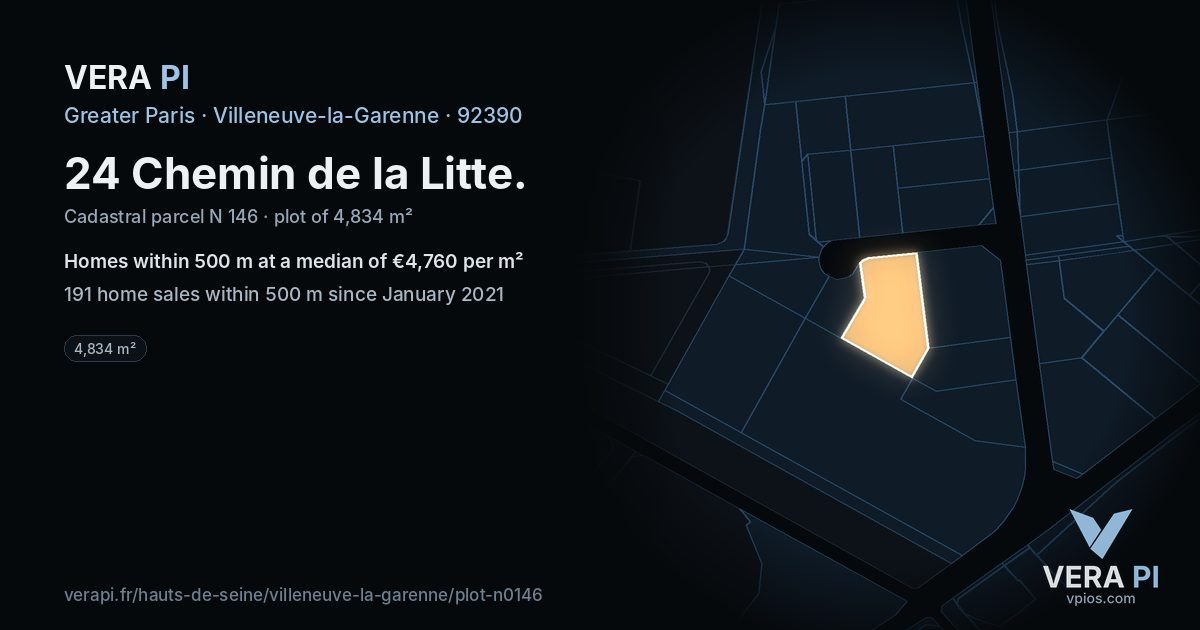 24 Chemin de la Litte, Villeneuve-la-Garenne at night – the plot lit, the parcels around coloured by the prices near them
