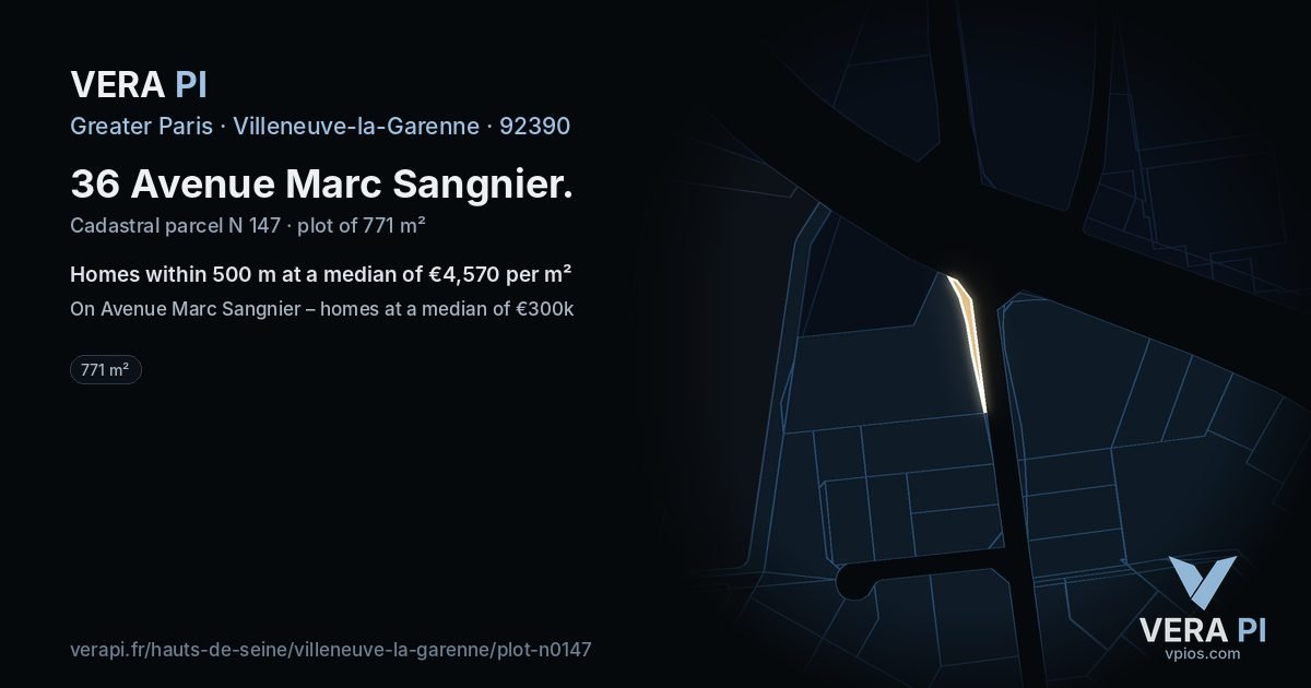 36 Avenue Marc Sangnier, Villeneuve-la-Garenne at night – the plot lit, the parcels around coloured by the prices near them