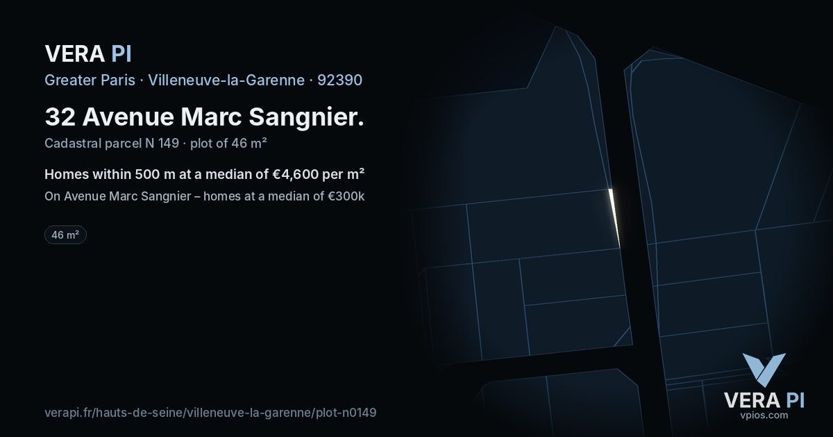 32 Avenue Marc Sangnier, Villeneuve-la-Garenne at night – the plot lit, the parcels around coloured by the prices near them