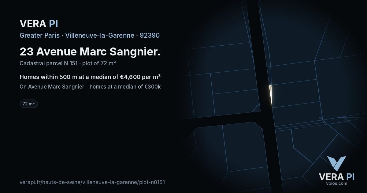 23 Avenue Marc Sangnier, Villeneuve-la-Garenne at night – the plot lit, the parcels around coloured by the prices near them